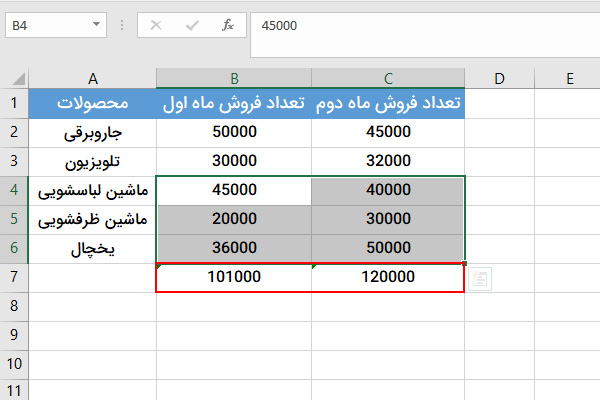 جمع زدن اتوماتیک در اکسل و روی چند ستون